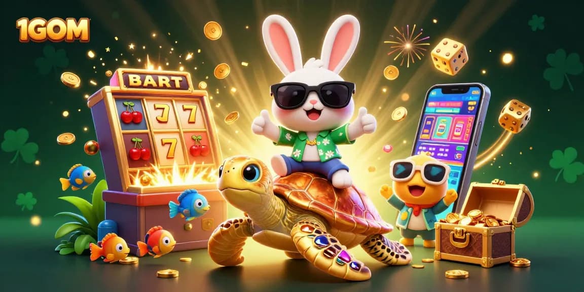 Experience thrill with 1GOM in this vibrant 3D casino illustration filled with excitement and action!