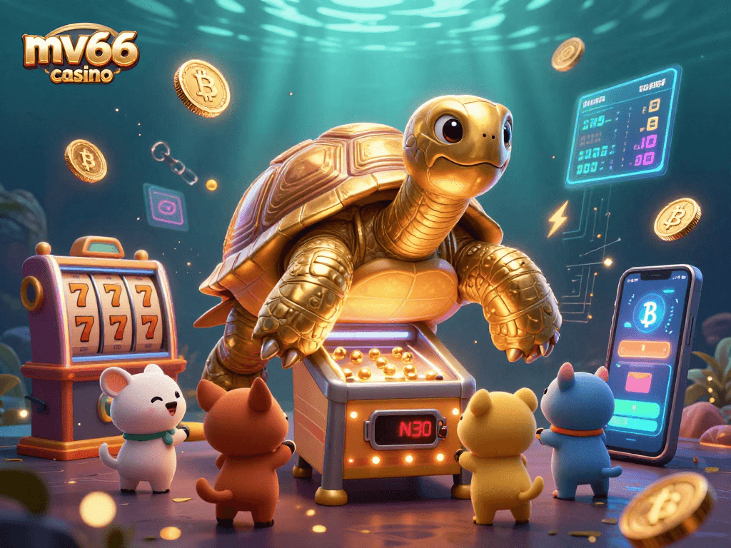Experience thrilling gameplay at mv66 casino with exciting slot reels, glowing coins, and cartoon characters.