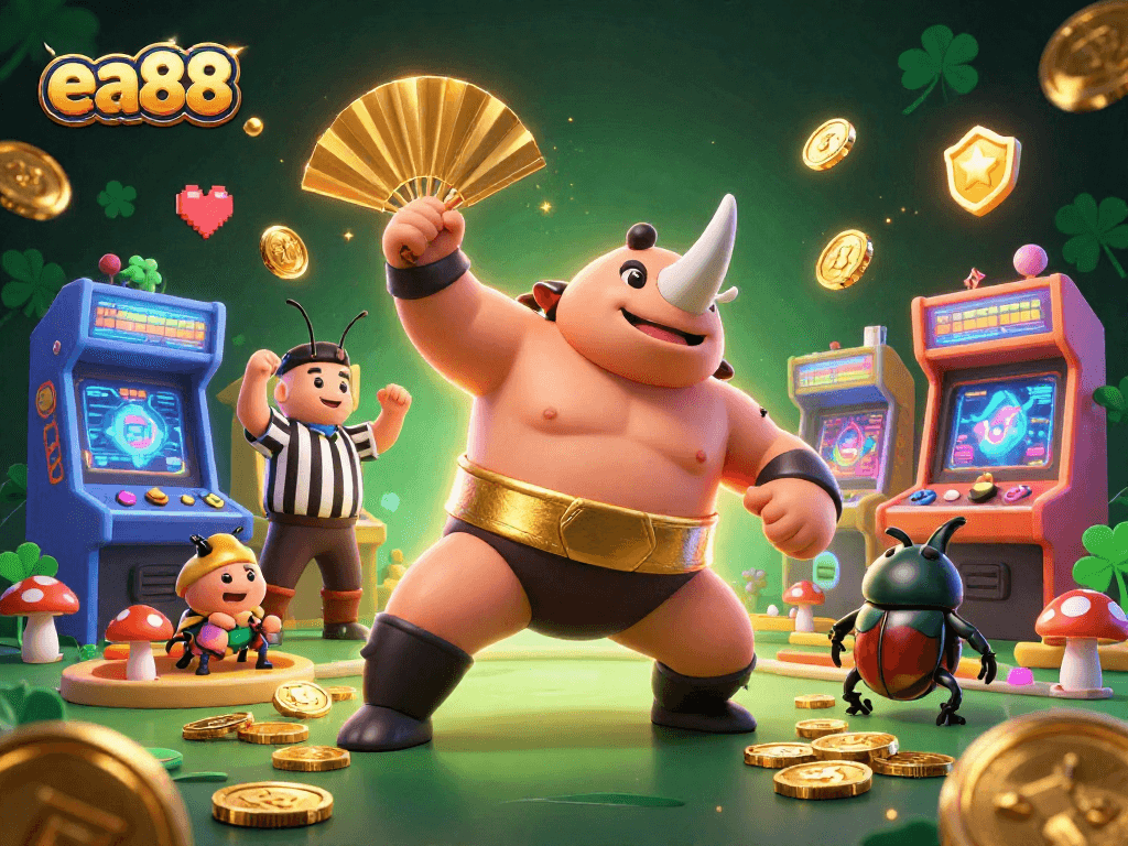 ea88 powers up excitement with a rhinoceros beetle sumo champion amidst coins and arcade games!