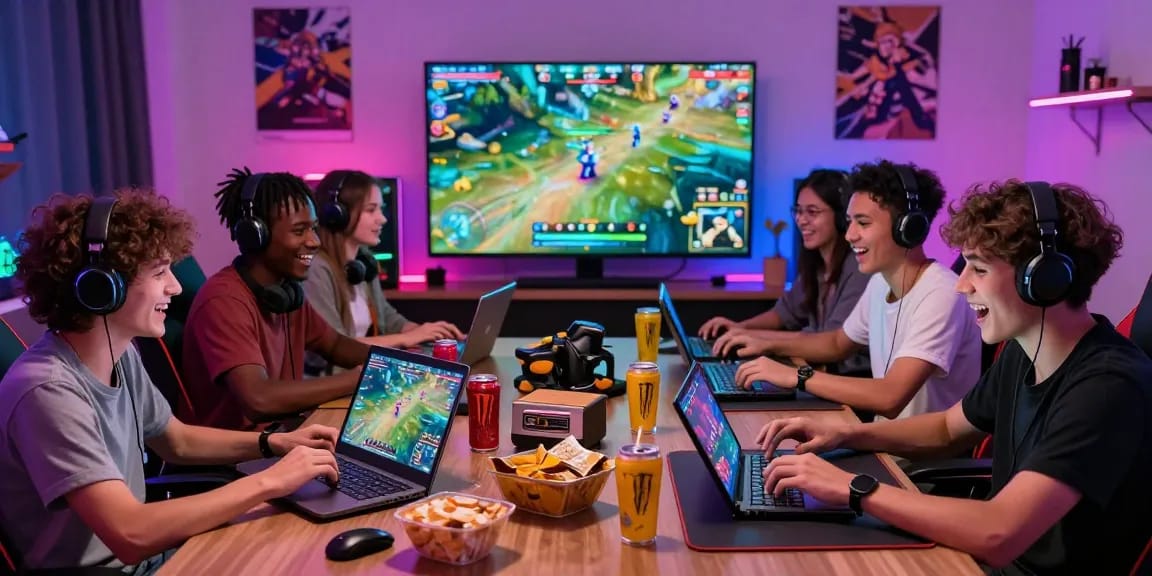 Exciting multiplayer xxx game session with friends on various devices in a vibrant gaming room.