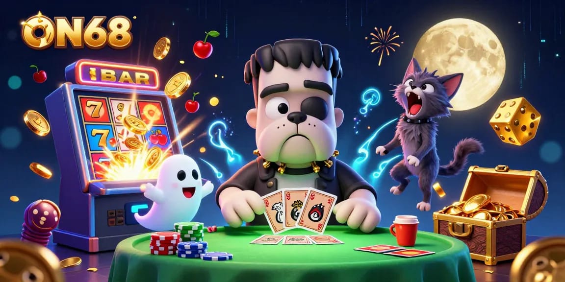 Experience the thrill of ON68 with vibrant casino elements and engaging characters in a dynamic setting.