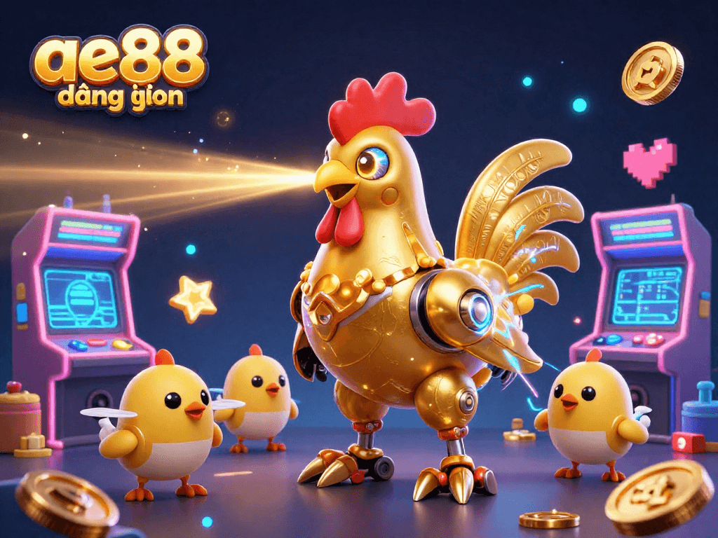 Experience the excitement with ae88 đăng nhập, featuring a golden rooster robot and baby chick drones in a colorful casino game world.
