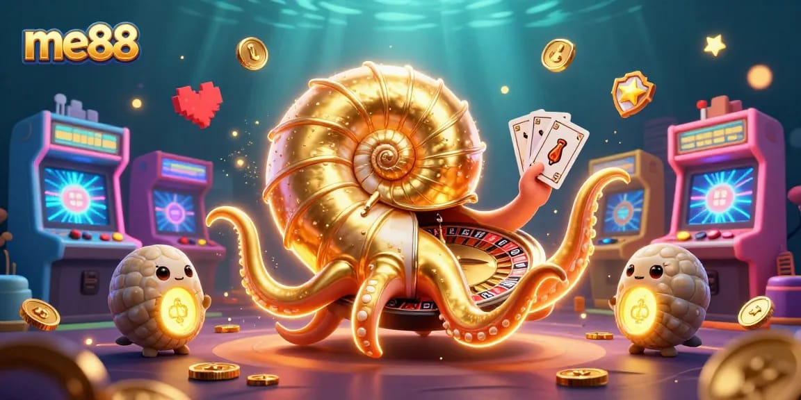 Experience thrilling gameplay at me88, with vibrant 3D casino illustrations featuring a unique nautilus roulette wheel.