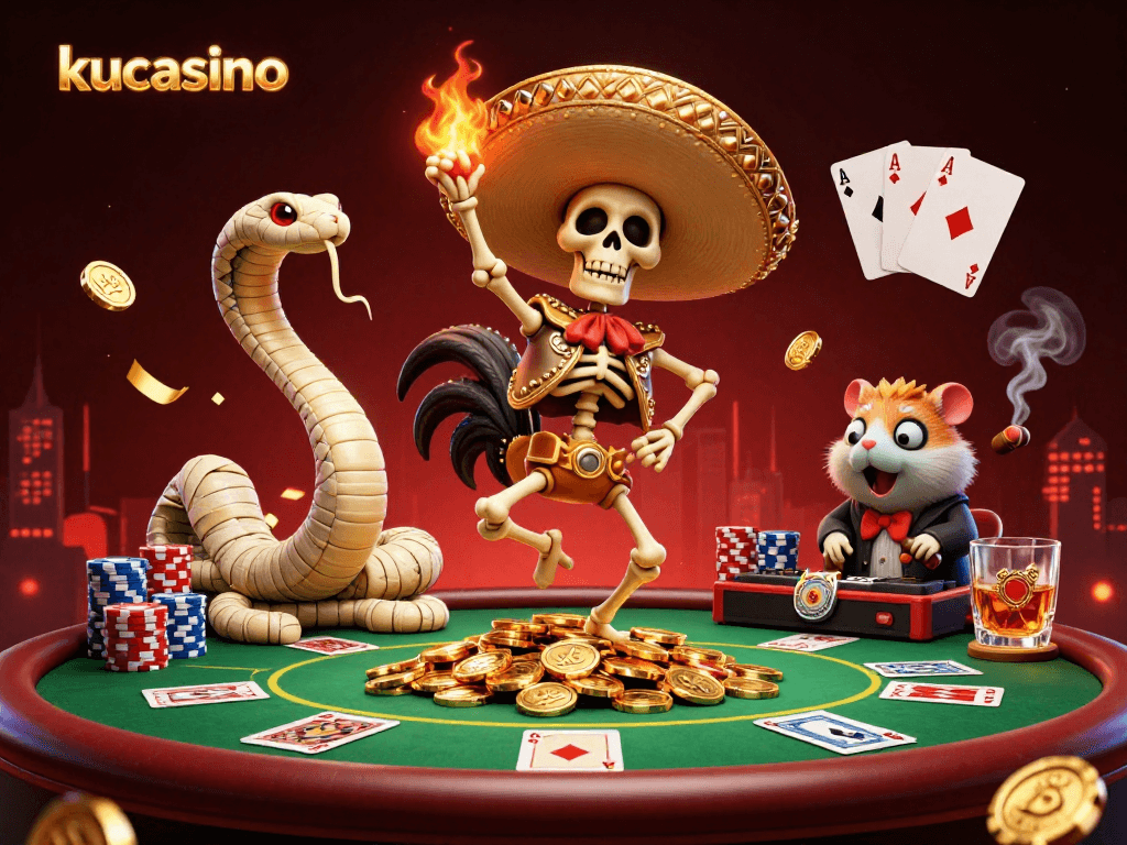 Experience the vibrant fun at kucasino with a lively 3D scene of a mariachi rooster celebrating wins!