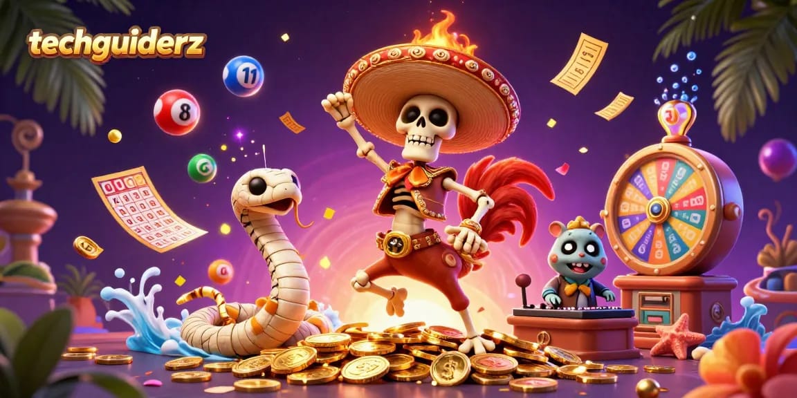 Experience vibrant gaming with techguiderz as a mariachi rooster celebrates amidst a lively casino scene.