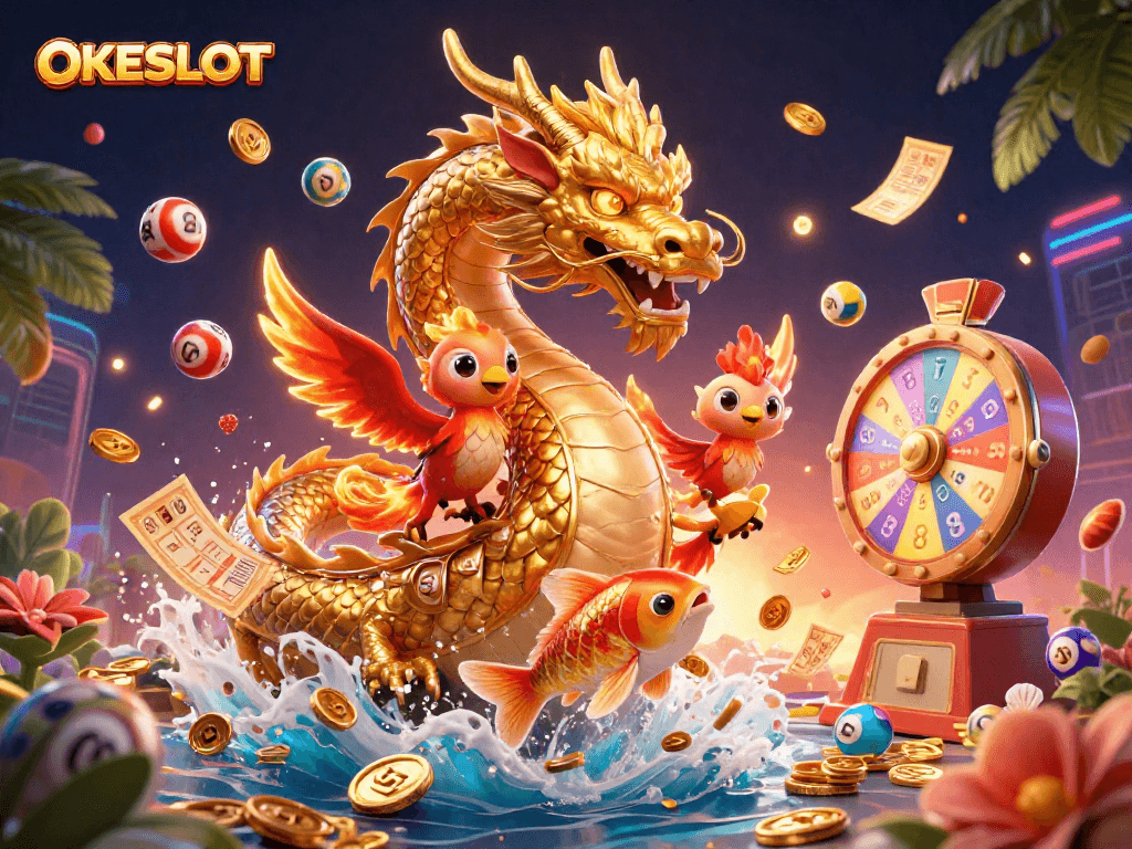 Permainan slot di OKESLOT dengan simbol keberuntungan dan kegembiraan di antara uang koin yang melimpah.