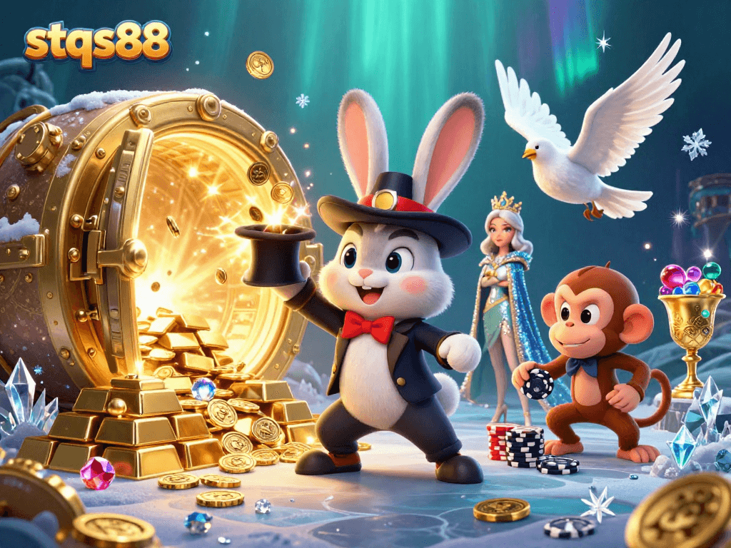 Win at stqs88 with a magician rabbit, coins, and soaring casino treasures in this lively illustration.