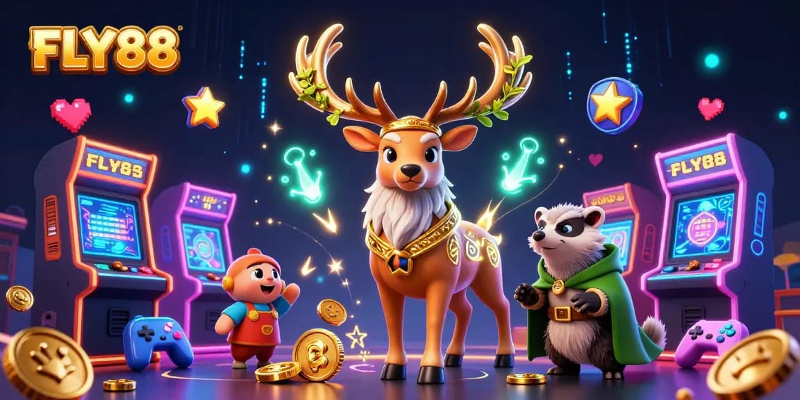 FLY88 brings excitement to gamers as they engage with animated casino characters amidst vibrant gaming elements.