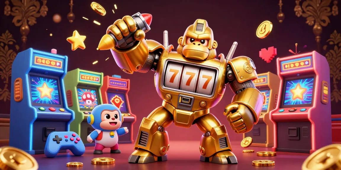 Win big with 789f as the golden gorilla mech triumphs in a vibrant casino setting.