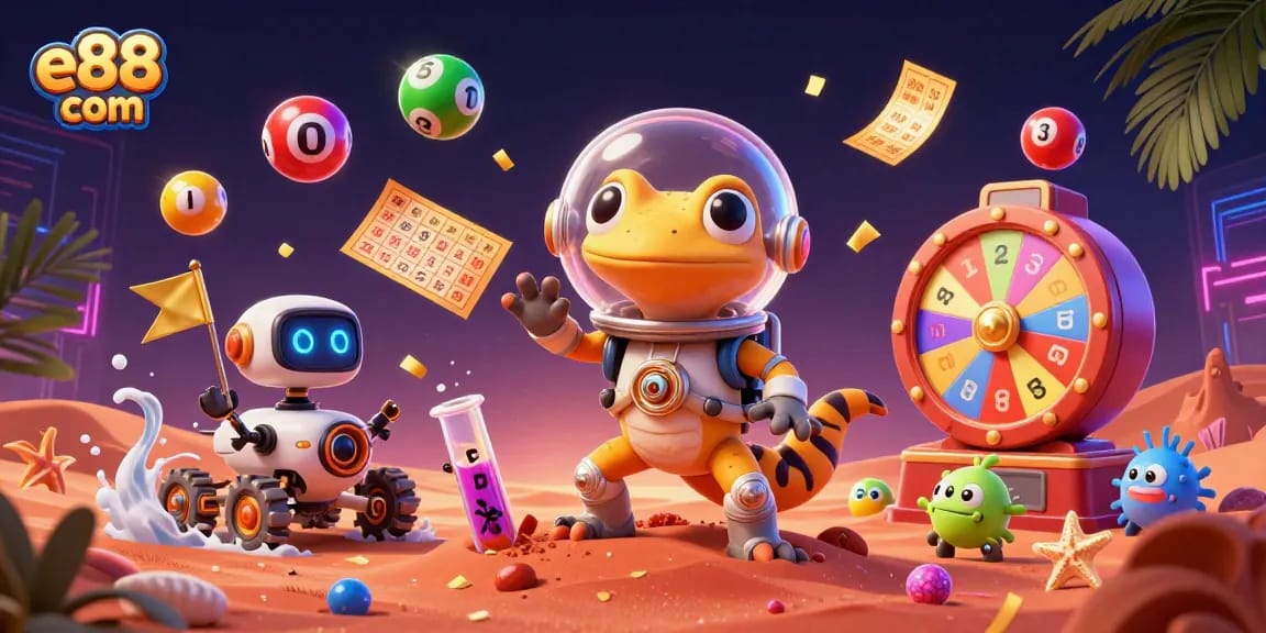 Experience thrilling moments at e88 com with a Martian gecko discovering a golden casino surrounded by dynamic game elements.