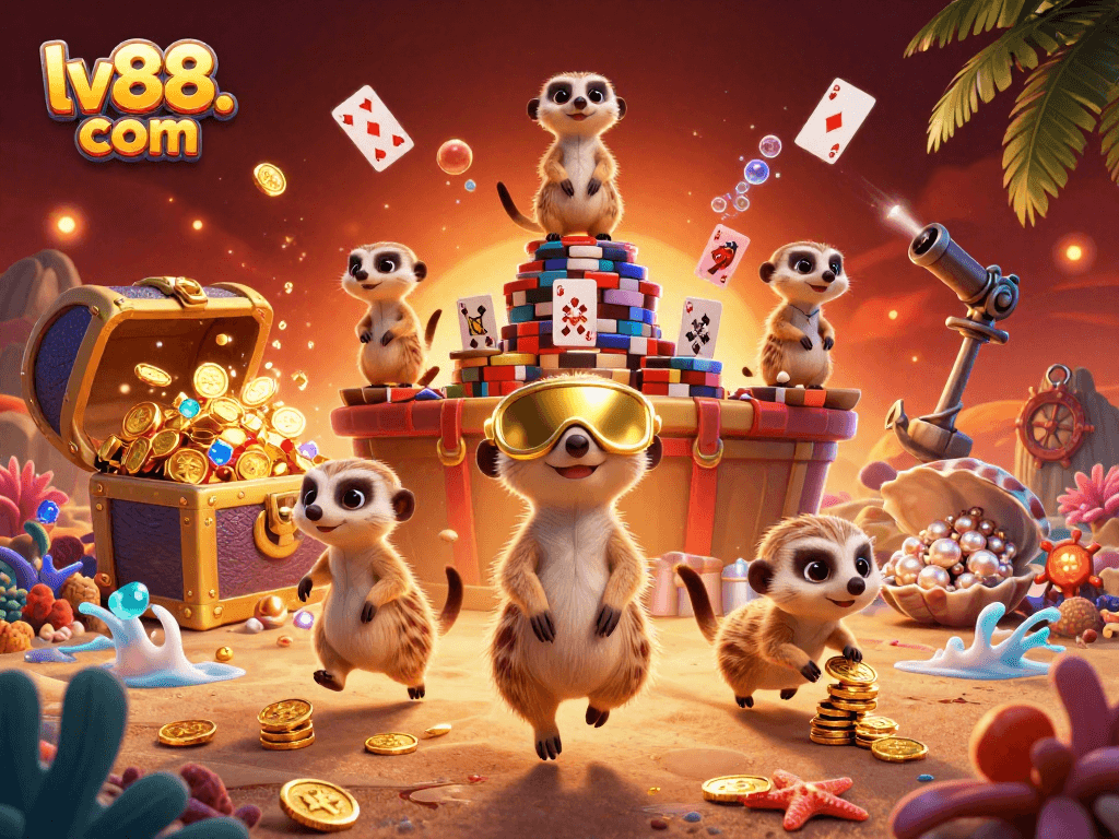 Spin and win at lv88. com with busy meerkats running their casino operation in an underwater themed scene.