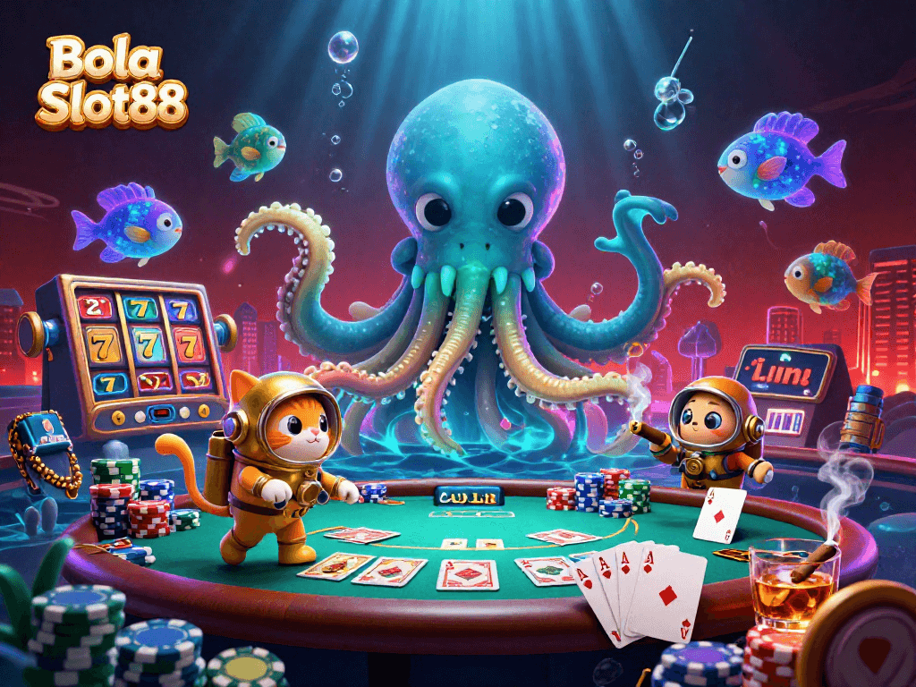 Bola Slot88 brings vibrant casino action with kraken and diving cat in a treasure-filled ocean.