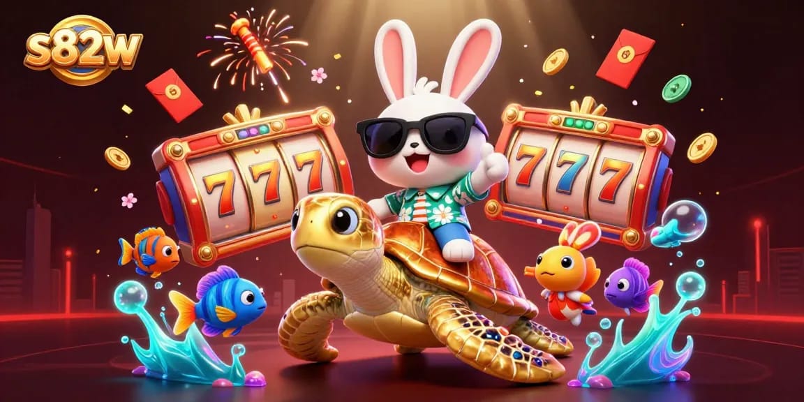 Play and win with s82w: adorable lucky rabbit and golden sea turtle in a vibrant casino scene.
