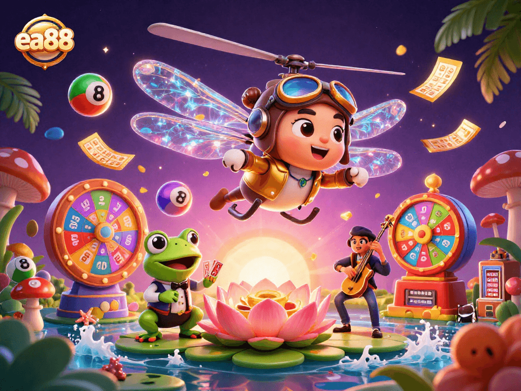 Engage with thrilling games at ea88, featuring vibrant lottery balls and a lively casino scene.