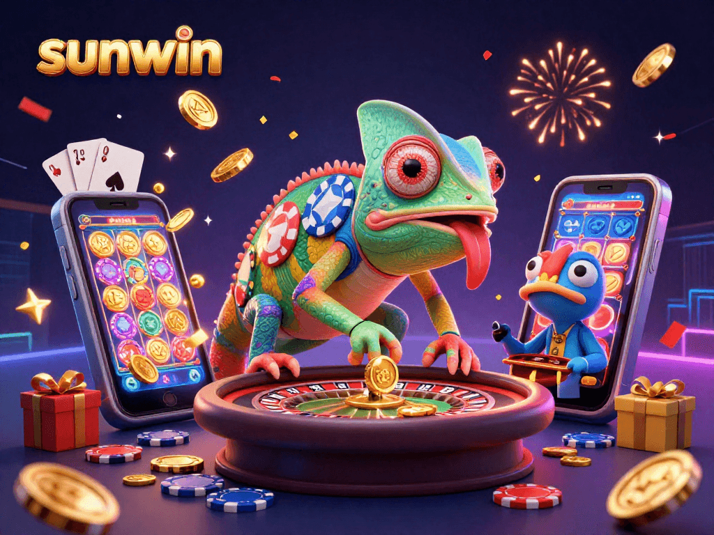 Experience sunwin's vibrant casino scene with a colorful chameleon and bonus games.