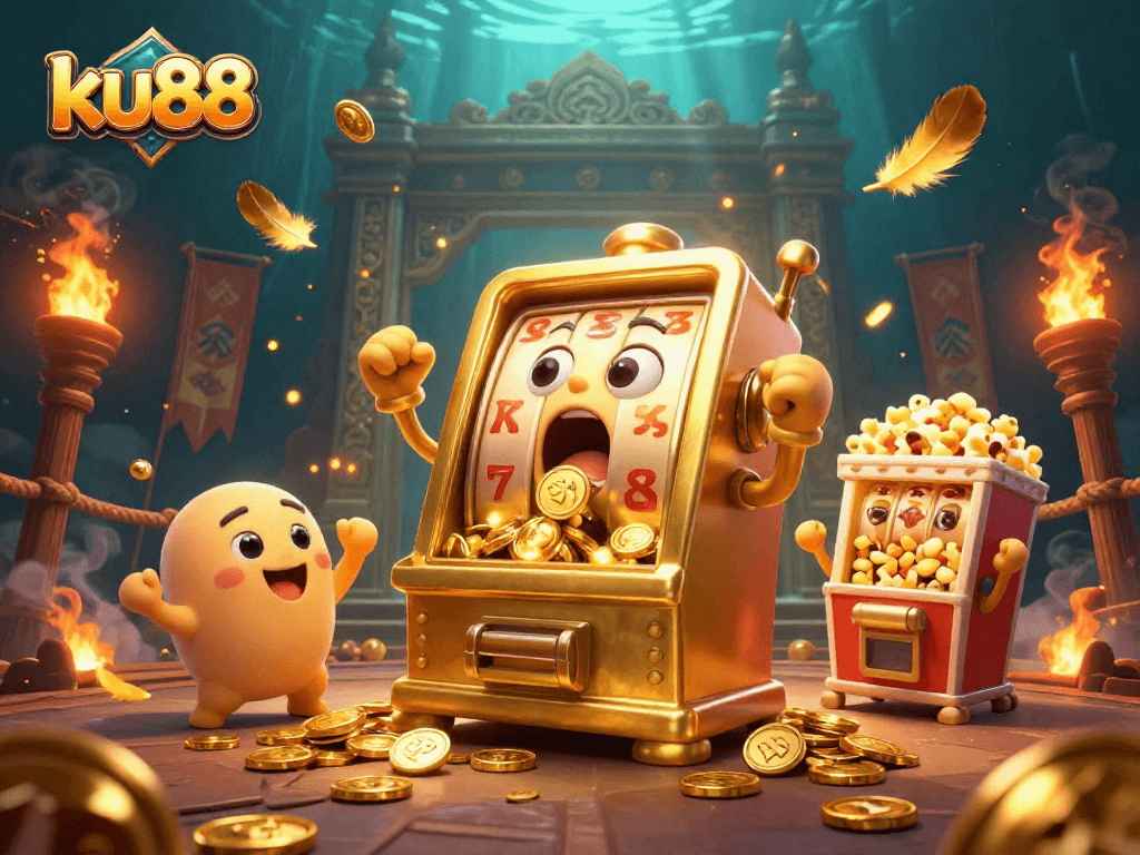 ku88's lively slot machine hits jackpot, surrounded by cheering characters and vibrant casino elements.