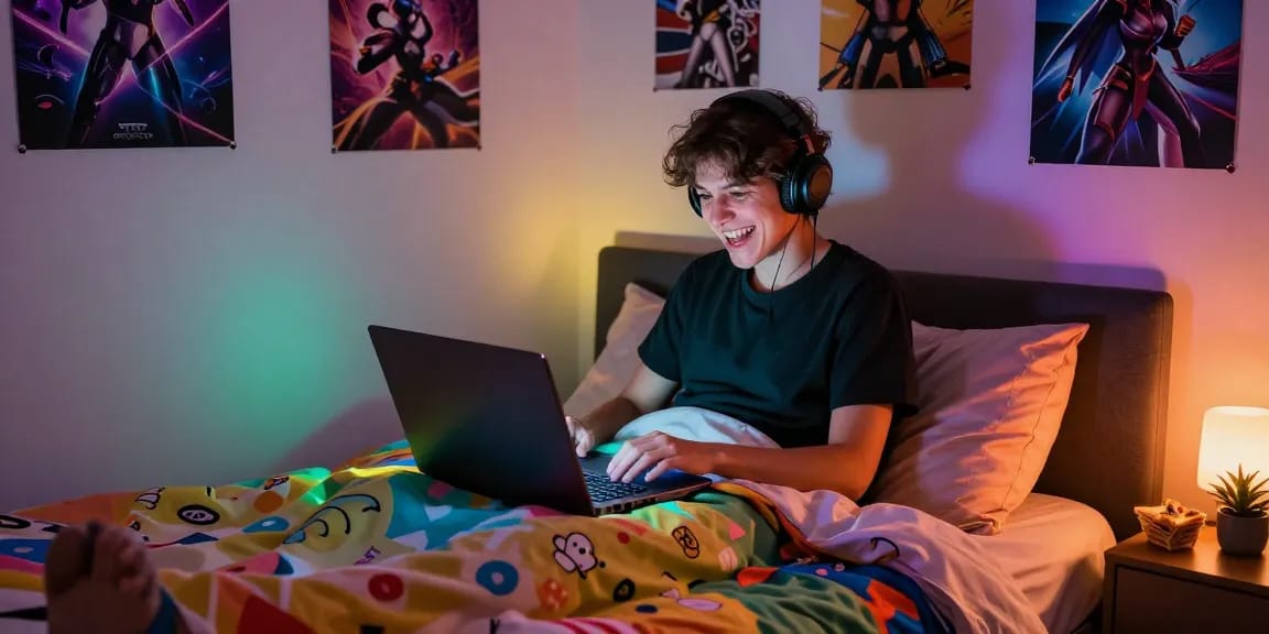Engaging moment playing a trans porn game on a laptop in a cozy bedroom.