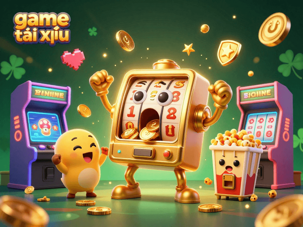 Engage in game tài xỉu with a vibrant 3D casino scene featuring excited slot machines celebrating a jackpot.