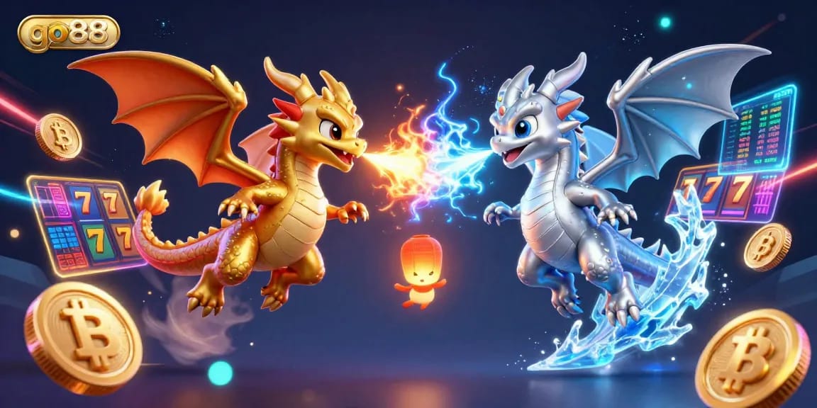Join the excitement at go88, where twin dragons battle amidst vibrant slots and crypto elements!