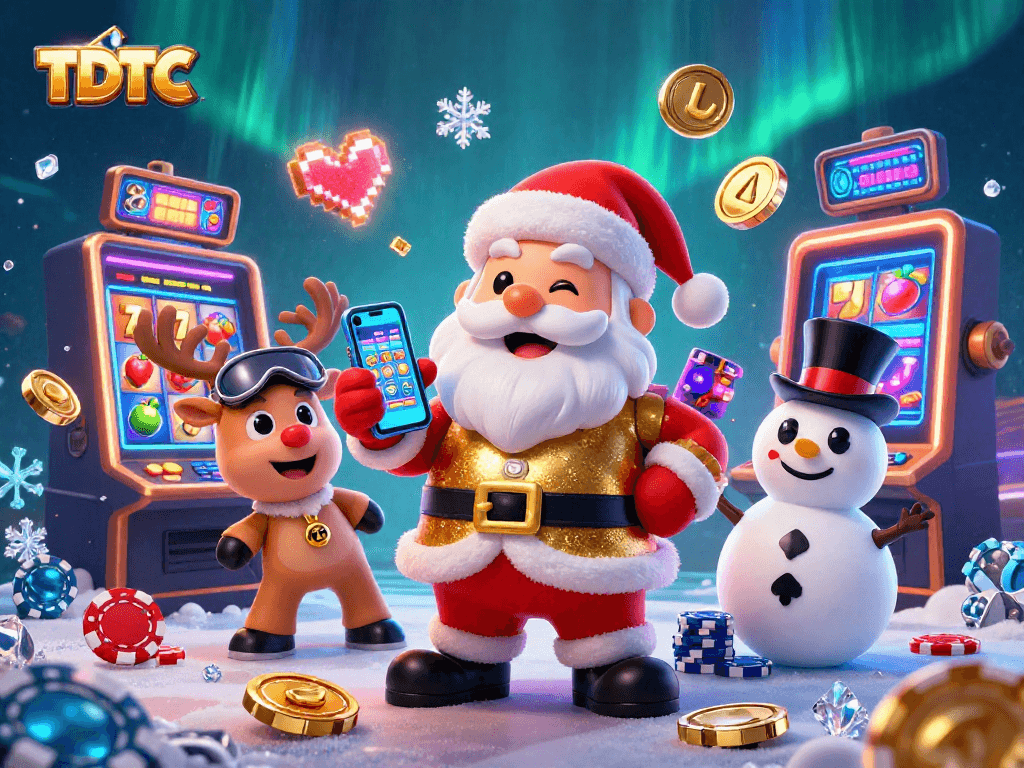 Spin jackpot slots with TDTC in a vibrant 3D casino scene featuring Santa and friends.