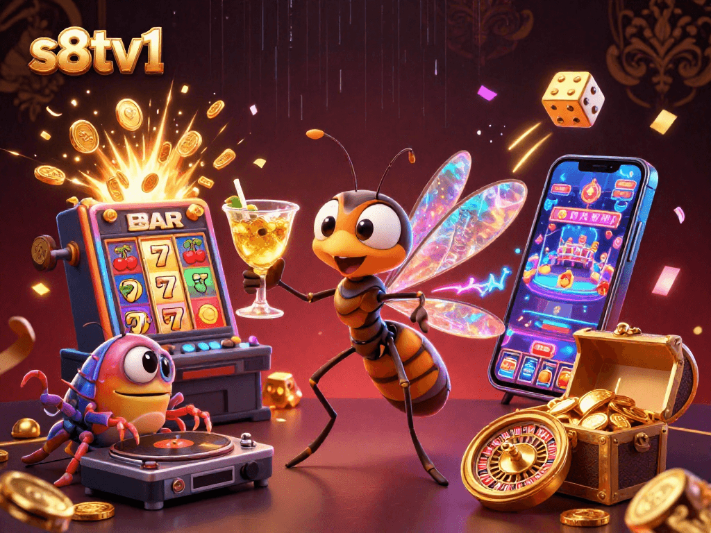 S8TV1 showcases elite sports betting visuals with a frozen-in-amber mosquito casino mascot igniting excitement.