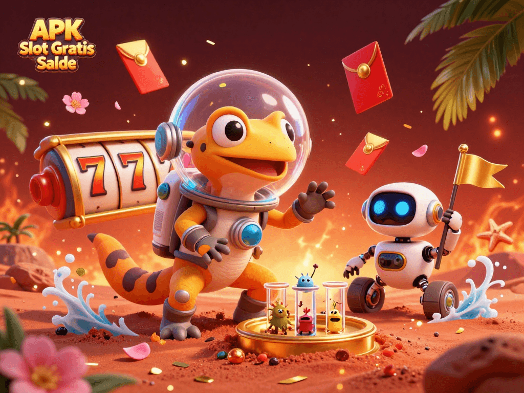 Engage with APK Slot Gratis Saldo featuring a Martian gecko uncovering gold casino treasures on Mars.