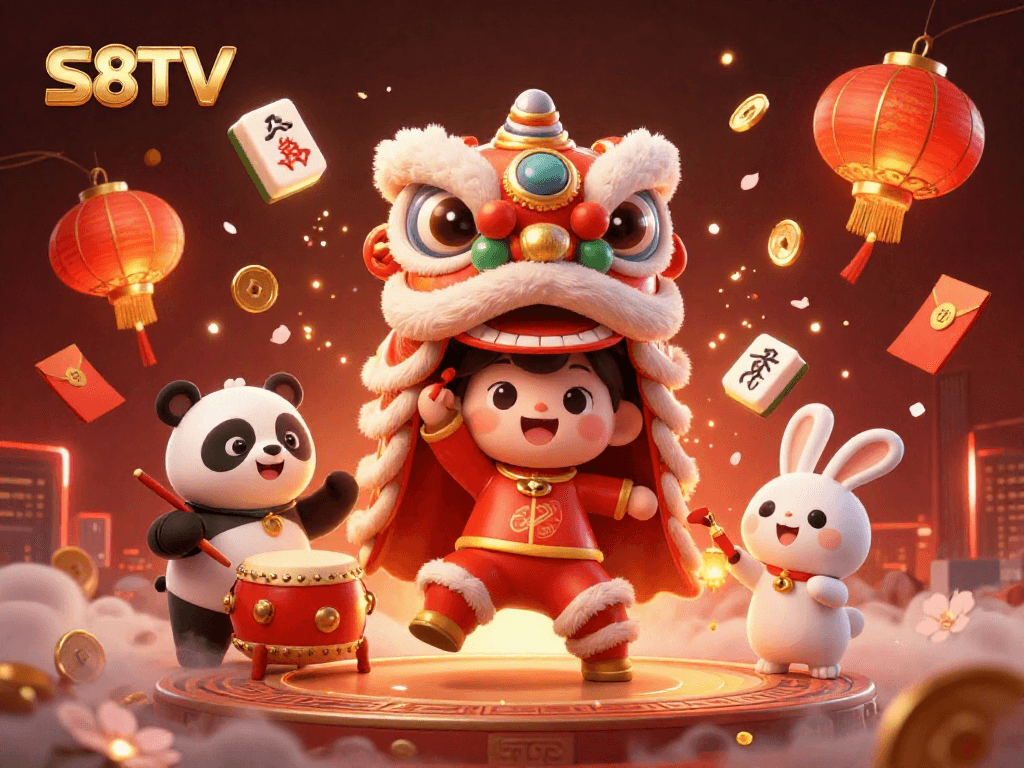 S8TV offers thrilling gaming adventures with vibrant 3D lion dance, festive decorations, and floating mahjong tiles.