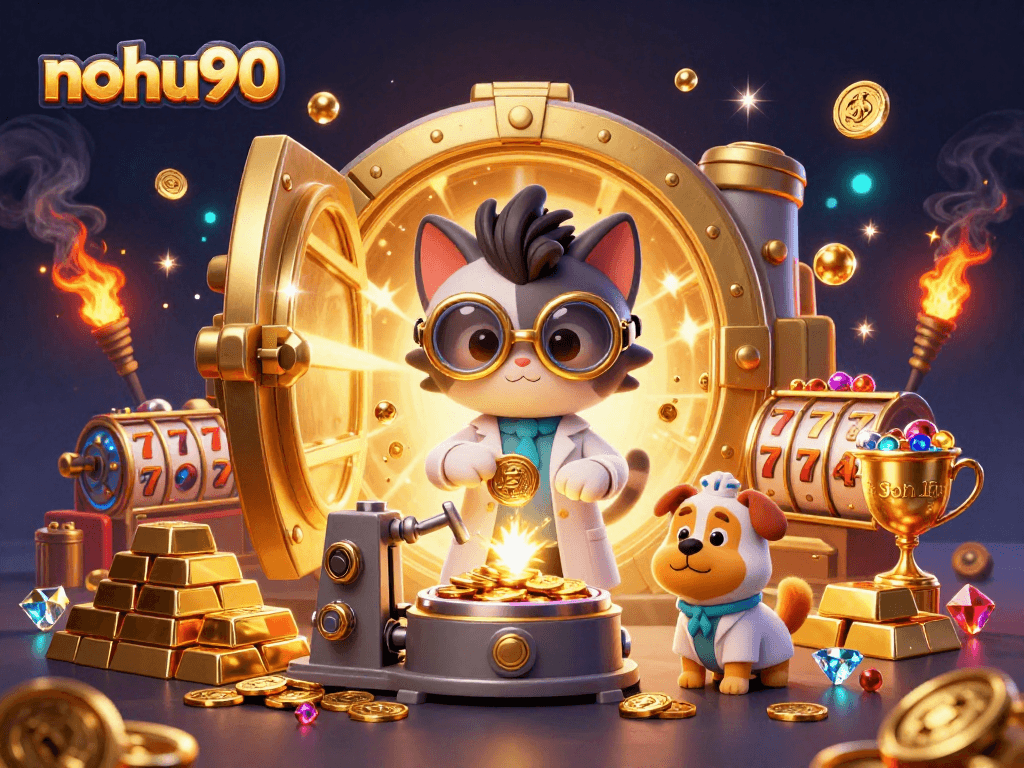 Experience stunning wins with nohu90 in this vibrant casino scene featuring jackpots and gold treasures.