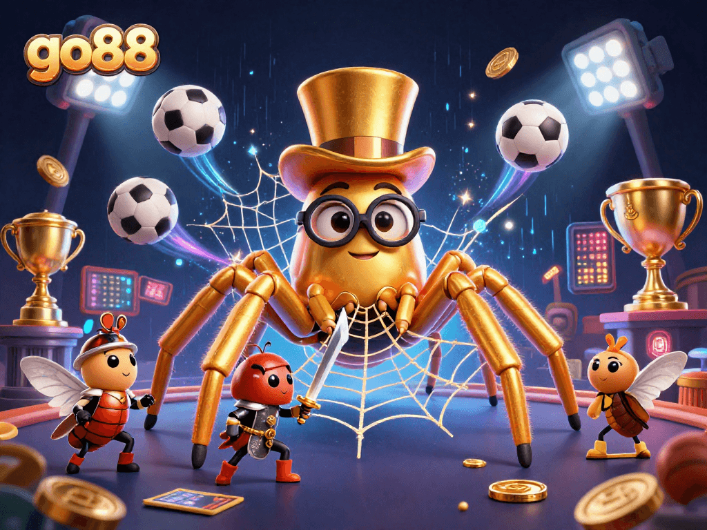 go88's exciting digital illustration showcases a giant golden tarantula weaving a web in a bustling casino scene.