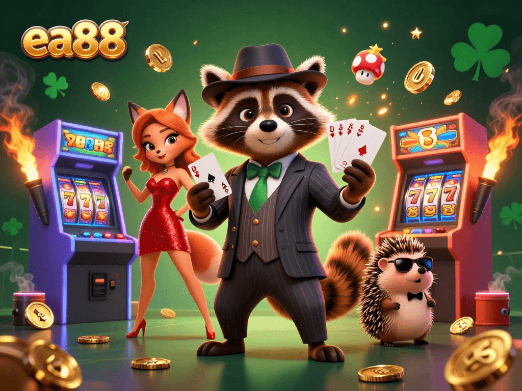 Play slots with excitement at ea88, featuring a suave raccoon and a glamorous fox in a vibrant casino scene.