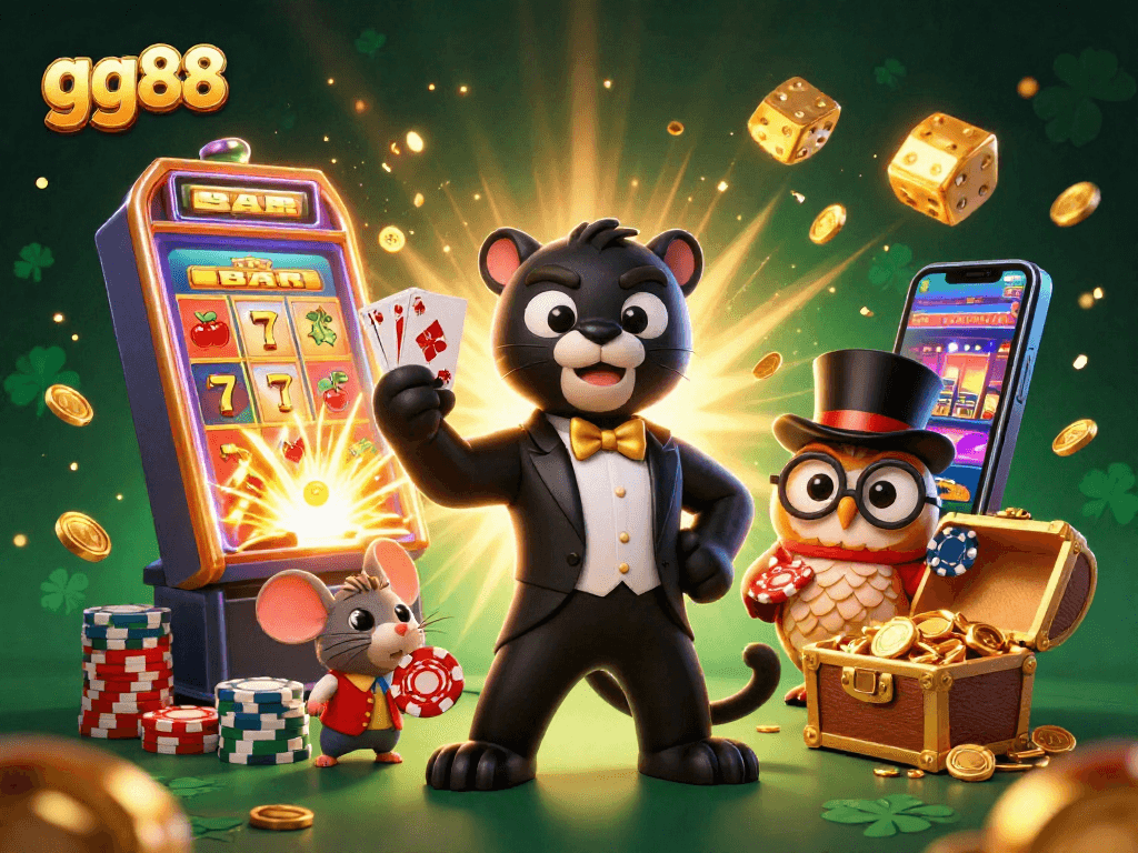 Experience gg88's vibrant casino adventures featuring a stylish panther, poker owl, and lucky mouse!