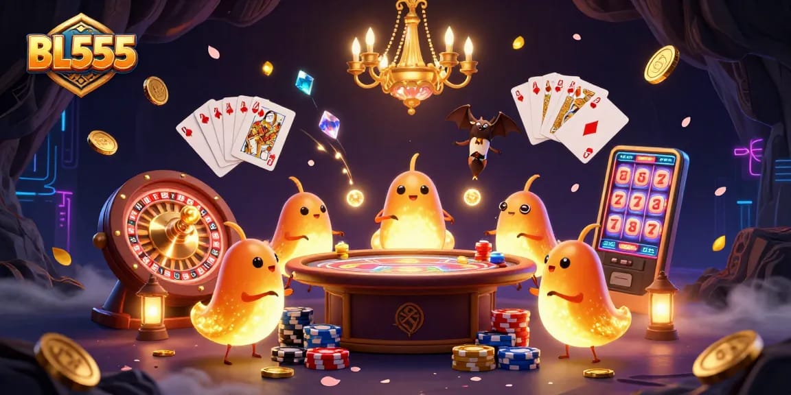 Illuminating the BL555 cave casino, glowworms and a bat dealer create a vibrant gaming atmosphere with coins and cards.