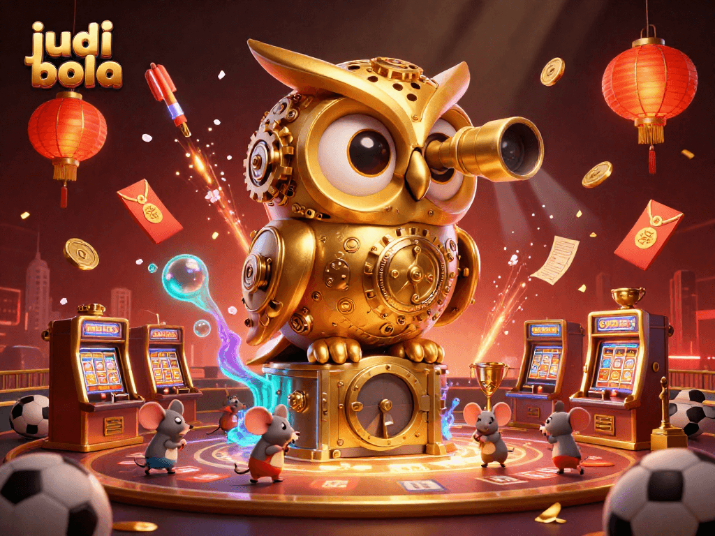 Engage in judi bola betting with vibrant illustrations of a golden owl, sports elements, and lively casino graphics.