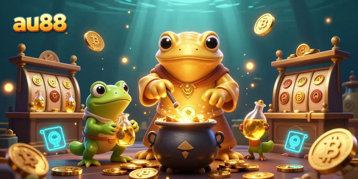 au88 players winning with slot reels and golden coins in a cinematic casino illustration.