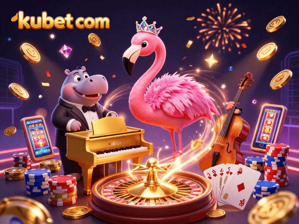 Engage with kubet com's vibrant casino scene showcasing a flamingo in dramatic attire, surrounded by dazzling gaming elements.
