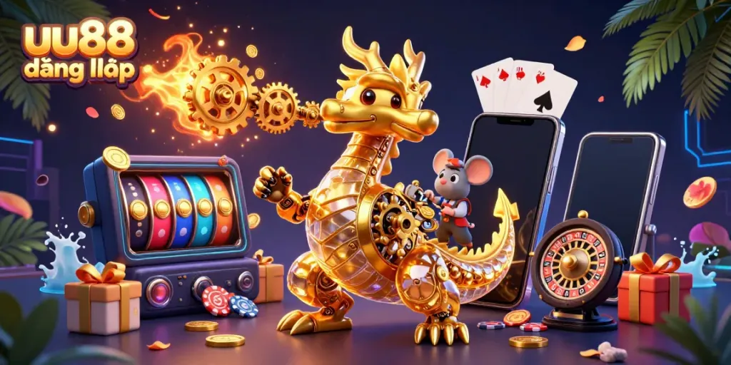 Experience thrilling gameplay with uu88 đăng nhập in this vibrant 3D casino scene featuring a golden dragon and exciting game elements.