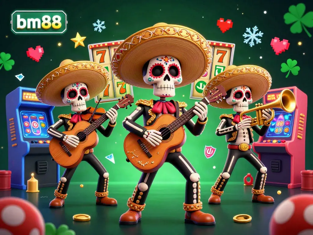 Engage with the festive bm88 casino vibe showcasing a colorful mariachi band among slot reels and jackpots.