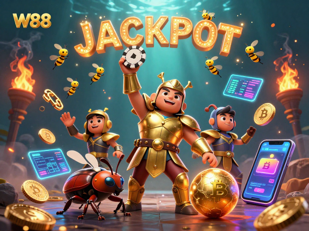 Engage with W88 casino victories as a cartoon beetle celebrates a jackpot surrounded by crypto elements.
