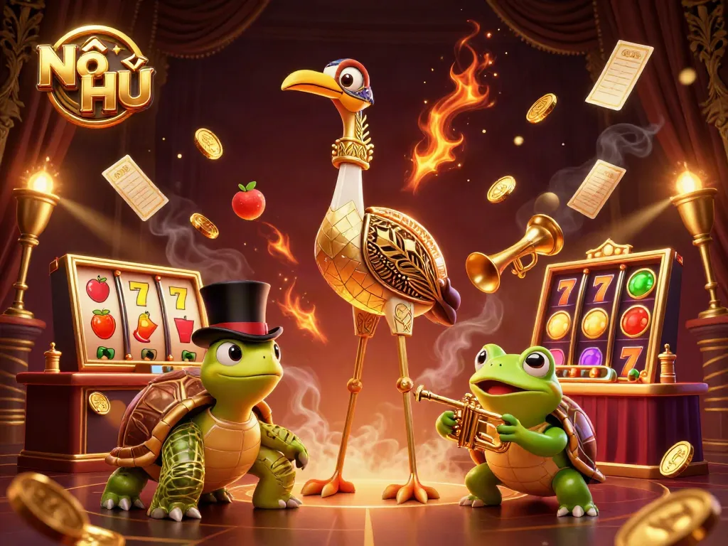 Nổ Hũ gameplay with vibrant casino characters and dynamic slot elements enhancing the excitement.