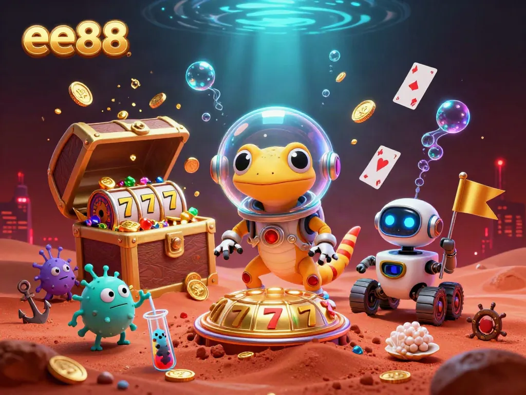 Engage in thrilling gameplay at the ee88 casino with golden slot reels and a Martian adventure theme.