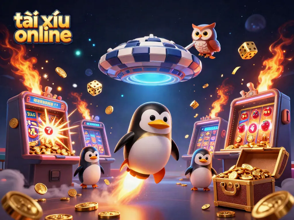 Experience the excitement of tài xỉu online with a golden penguin navigating a casino space station amidst a jackpot explosion.