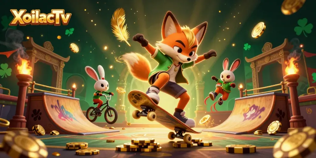 XoilacTv showcases a skateboarder fox performing tricks over golden poker chips, set in a dynamic casino environment.