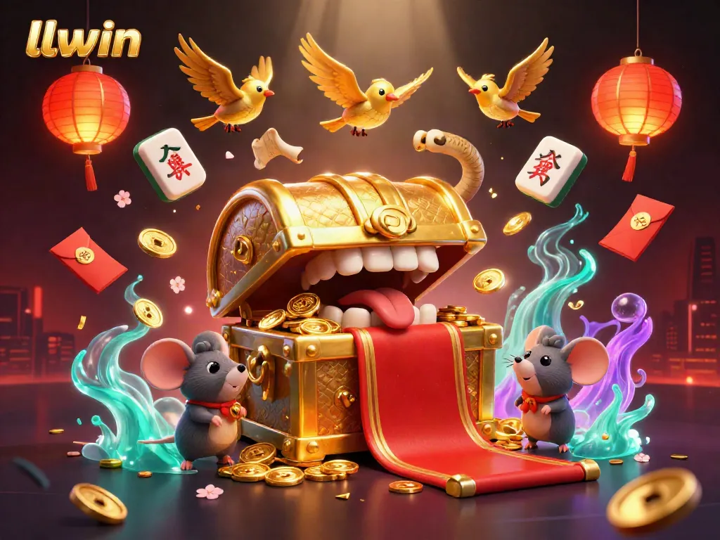 llwin casino scene featuring a golden chest with cartoon mice and rich game elements surrounding it.