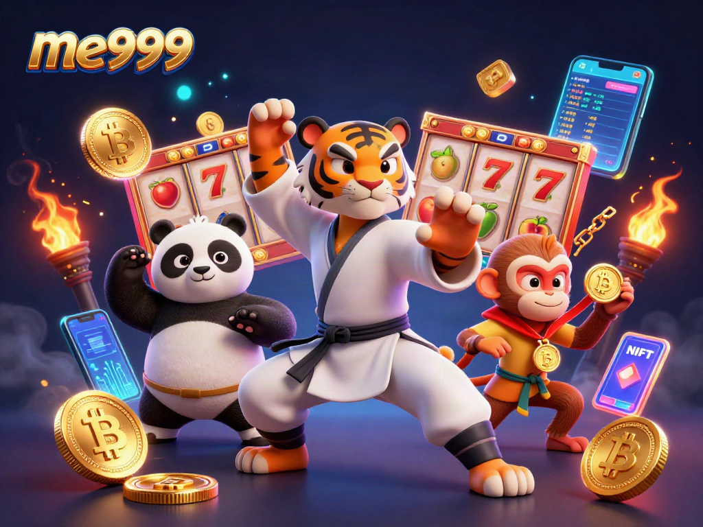 Play me999 with a vibrant casino scene featuring a kung fu tiger, panda, and monkey amidst slot reels and crypto coins.