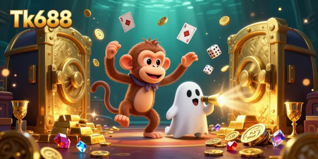 Experience thrilling gameplay at Tk688 with vibrant casino graphics featuring gold coins and gems.