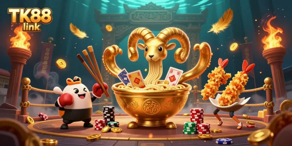 Play and win at TK88 link with a vibrant 3D casino themed illustration showcasing playful characters and dynamic elements.