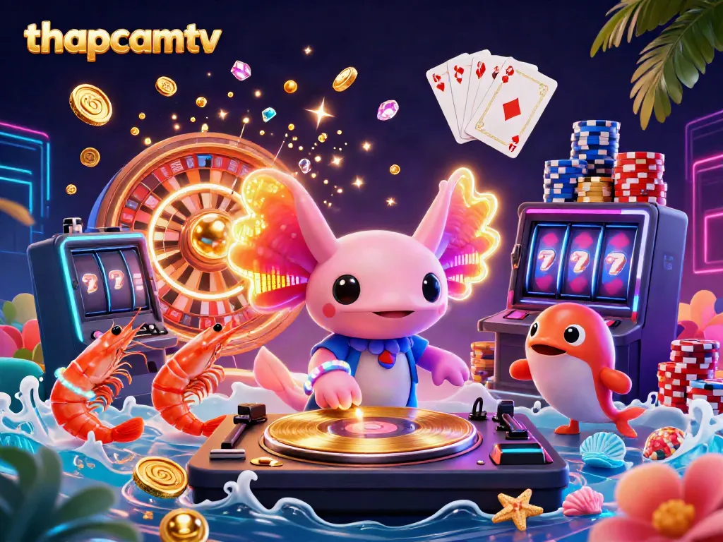 Experience the thrill of thapcamtv with a vibrant 3D illustration of a neon axolotl DJ amidst casino elements.