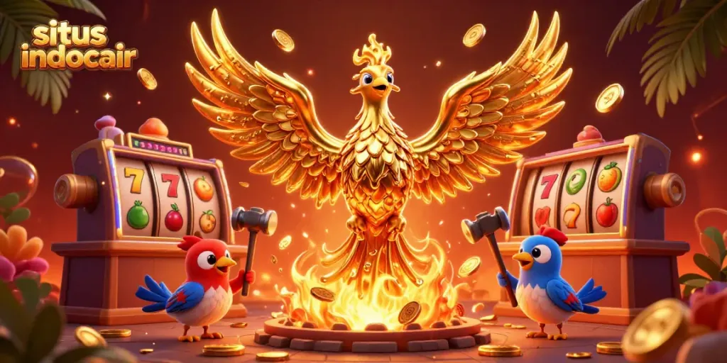 Permainan slot dinamis pada situs indocair dengan simbol keberuntungan dan emas mengelilingi phoenix.