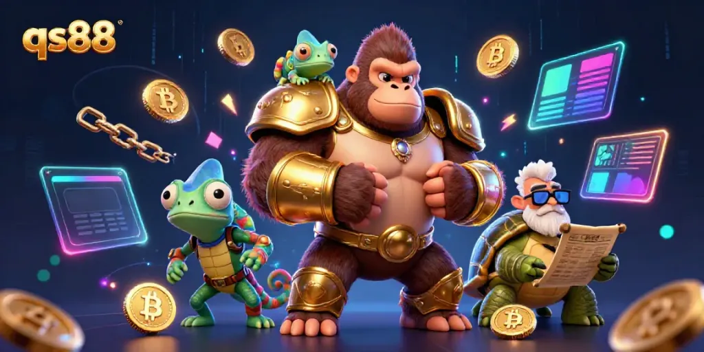 Experience thrilling gameplay with qs88, featuring vibrant characters, crypto coins, and dynamic casino elements in action.