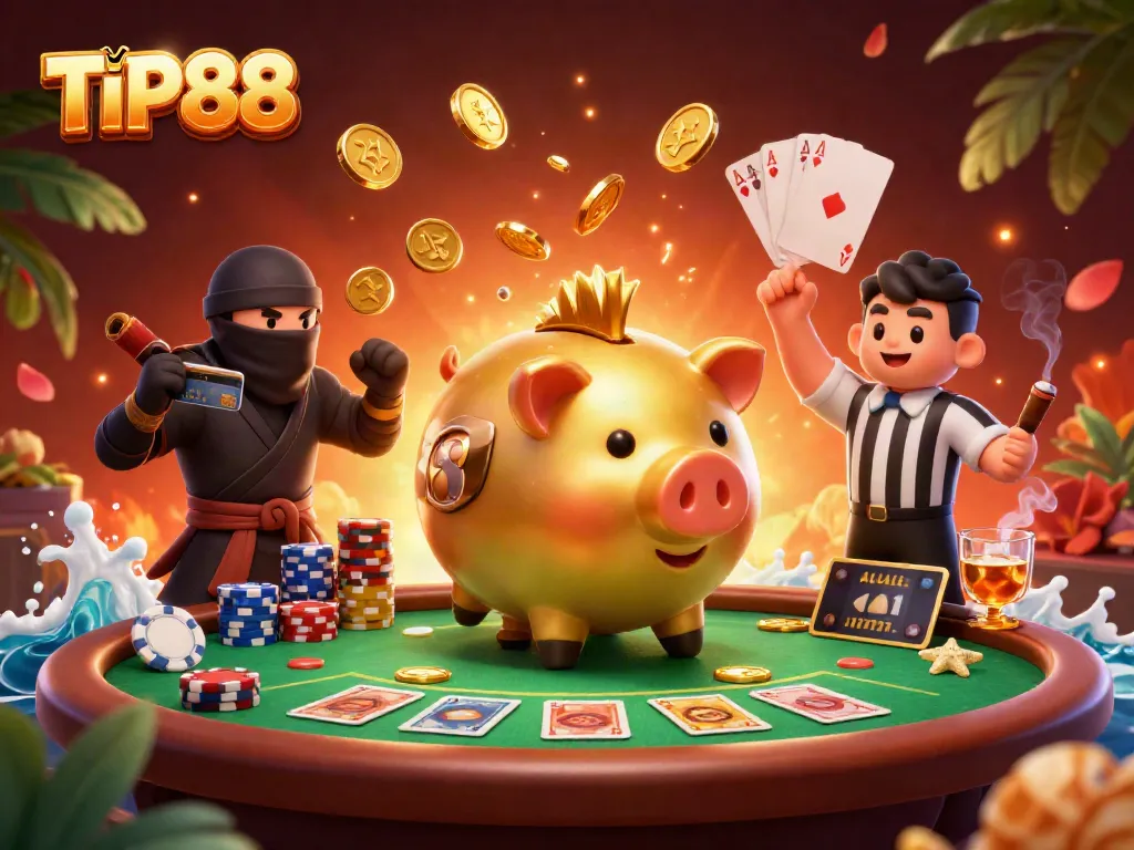 Join the excitement at TIP88 with a dynamic gathering of joyful casino characters and abundant poker elements.